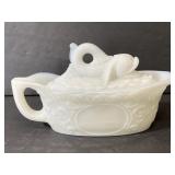 Milk glass koi fish lidded sauce boat