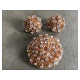 Rhinestone gold tone brooch & earring set