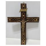 Wood inlaid cross with brass Jesus