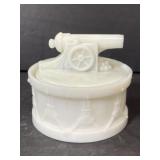 Vintage milk glass canon drum box w/ lid