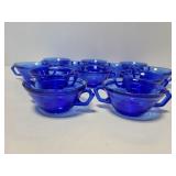 Set of 12 blue glass two handle soup bowls