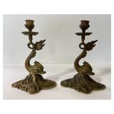 Vintage brass tone cast metal dolphin candlesticks