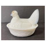 Vintage milk glass hen covered dish