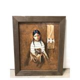 Framed Native American girl painting on wood