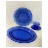 Vintage blue depression glass dish trio