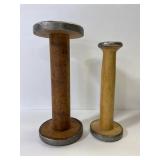 2 large antique wood & metal textile bobbins