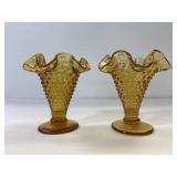 Fenton amber ruffled hobnail vase pair