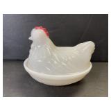 Small hen lidded milk glass dish