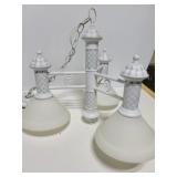 White/grey checkered painted 3-light chandelier
