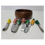 Wood bowl w/ ceramic fruit cheese spreaders
