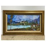 Framed mountain scene original signed painting