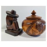 Hand carved wood dish w/ lid & cowboy