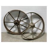 Pair of antique metal wagon wheels