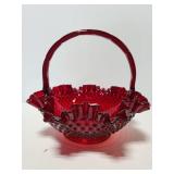 Fenton cranberry ruffled hobnail glass basket