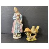 Vintage colonial woman, bird & mushroom figures
