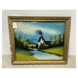 Vintage framed reverse painted cottage mill scene