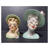 Pair of vintage mint green lady head vases