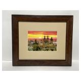 Vintage framed Russian sunset watercolor print