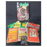 Comics, comic character books, and card