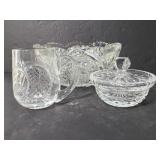 Cut glass bowl, mug and sugar bowl