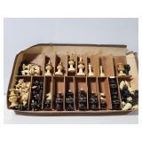 Vintage wood carved chess pieces and others