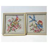Embroidered framed bird art pair