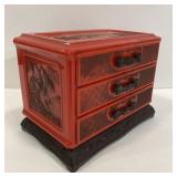 Vintage small Asian jewelry box red plastic