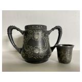 Etched antique silverplate pitcher & small cup