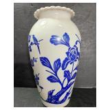 Milk glass vase with blue floral design