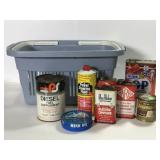 Crate of miscellaneous garage fluids and items