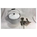 Vintage porcelain enamel pot & meat grinder