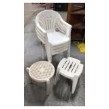 Set of 4 plastic patio chairs w/ 2 tables