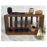 8 Vintage tobacco pipes with stand