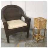 Wicker patio chair & bamboo plant stand