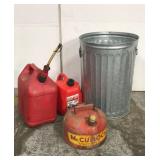 Galvanized trash can and three gas cans