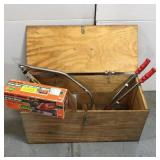 Wood box with garden tools