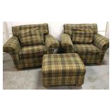 Pair of green plaid sofa chairs w/ ottoman