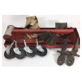 Assorted hardware with red metal tray