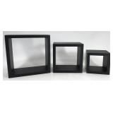 Three shadow box wall mount shelves