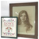 Vintage framed cross stitch and signed pencil art