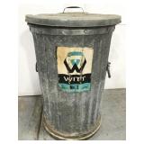 Old galvanized bottom-weighted trash bin