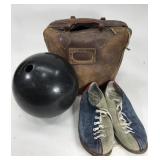 Vintage leather bowling bag shoes and ball