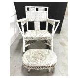 Weathered white wicker rocker w/ ottoman