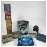 Vintage tins + blue ashtray box lot