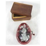 Small cedar box and vintage tin rabbit toy