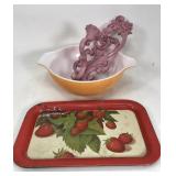 Pyrex bowl, tin tray and pink candle holder