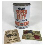 Vintage Gulf motor oil can & mini plaques