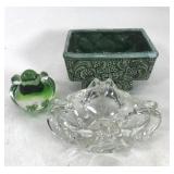 Glass paperweight, dish and ceramic planter