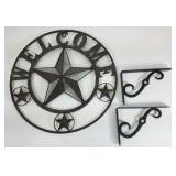 Lot of 2 shelf brackets and 1 welcome sign