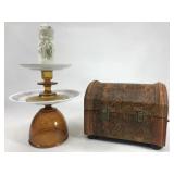 Small wood chest and angel plate sculpture